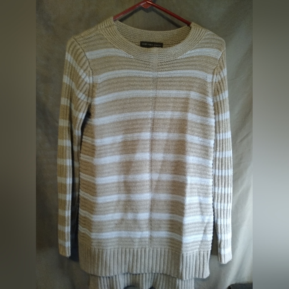 Joan Vass striped gray and blue cable knit  Sweater
